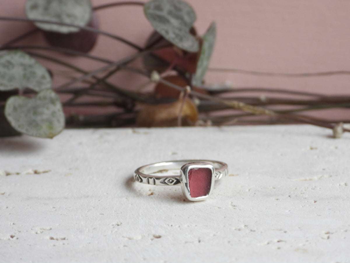 Pink Cornish Sea Glass Ring | Handstamped Boho Sterling Silver | Handmade in Cornwall | O 1/2