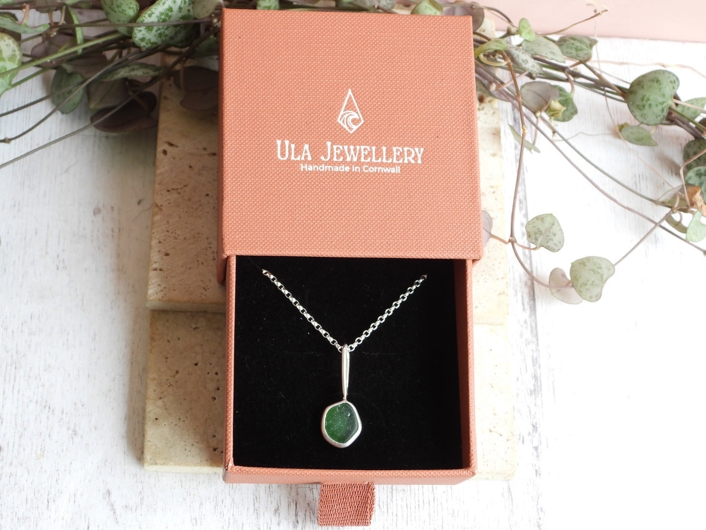 Dainty Cornish Green Sea Glass Necklace | Handmade Sterling Silver 925 | Praa Sands Beach