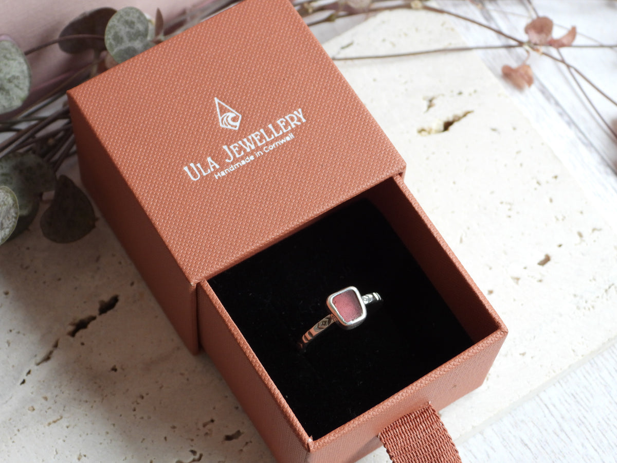 Pink Cornish Sea Glass Ring | Handstamped Boho Sterling Silver | Handmade in Cornwall | O 1/2