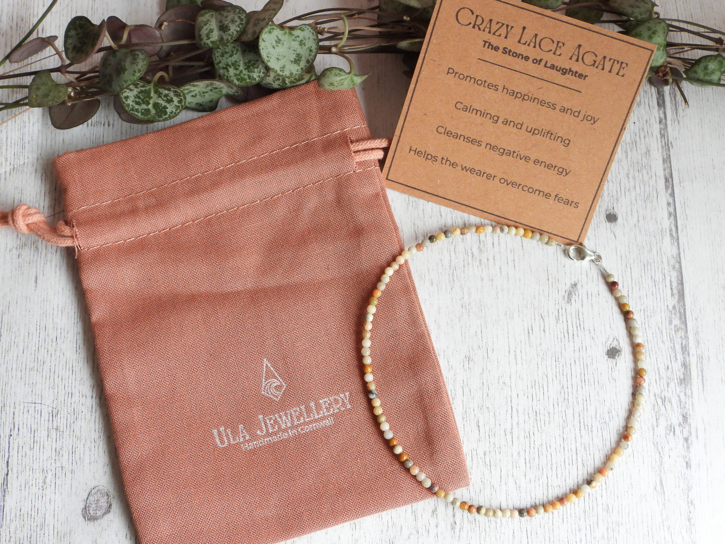 Dainty Crazy Lace Agate "Laughter" Gemstone Anklet | Round Beads