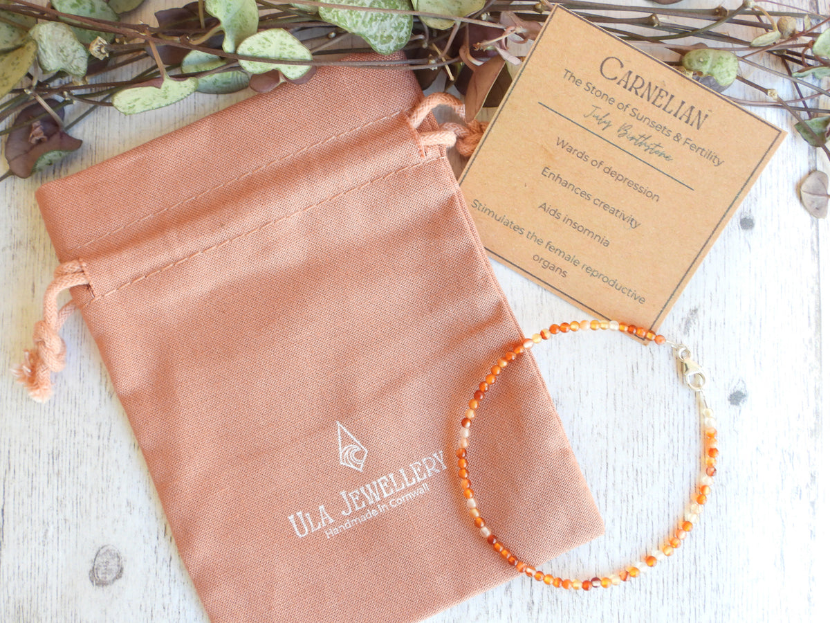 Dainty Carnelian Gemstone Bracelet | Sterling Silver | Handmade