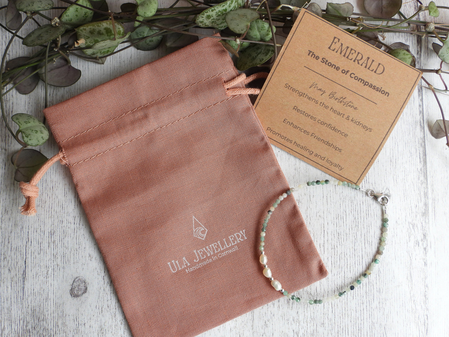 Dainty Emerald and Pearl Gemstone Bracelet | May Birthstone | Faceted Beads