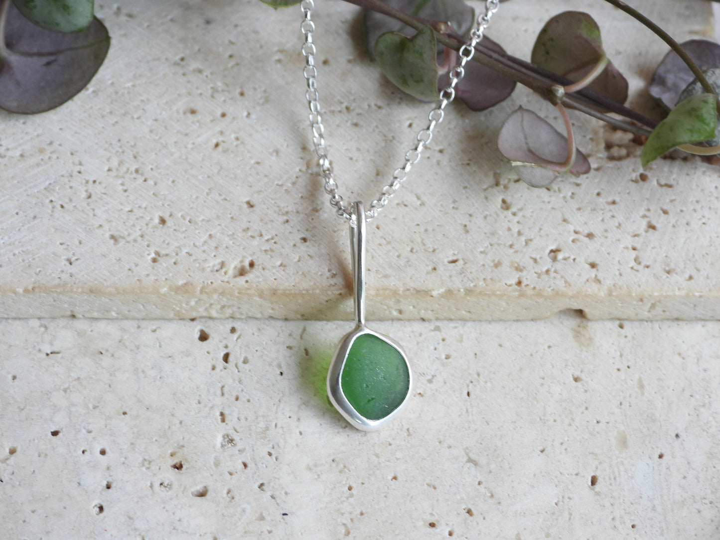Dainty Cornish Green Sea Glass Necklace | Handmade Sterling Silver 925 | Praa Sands Beach