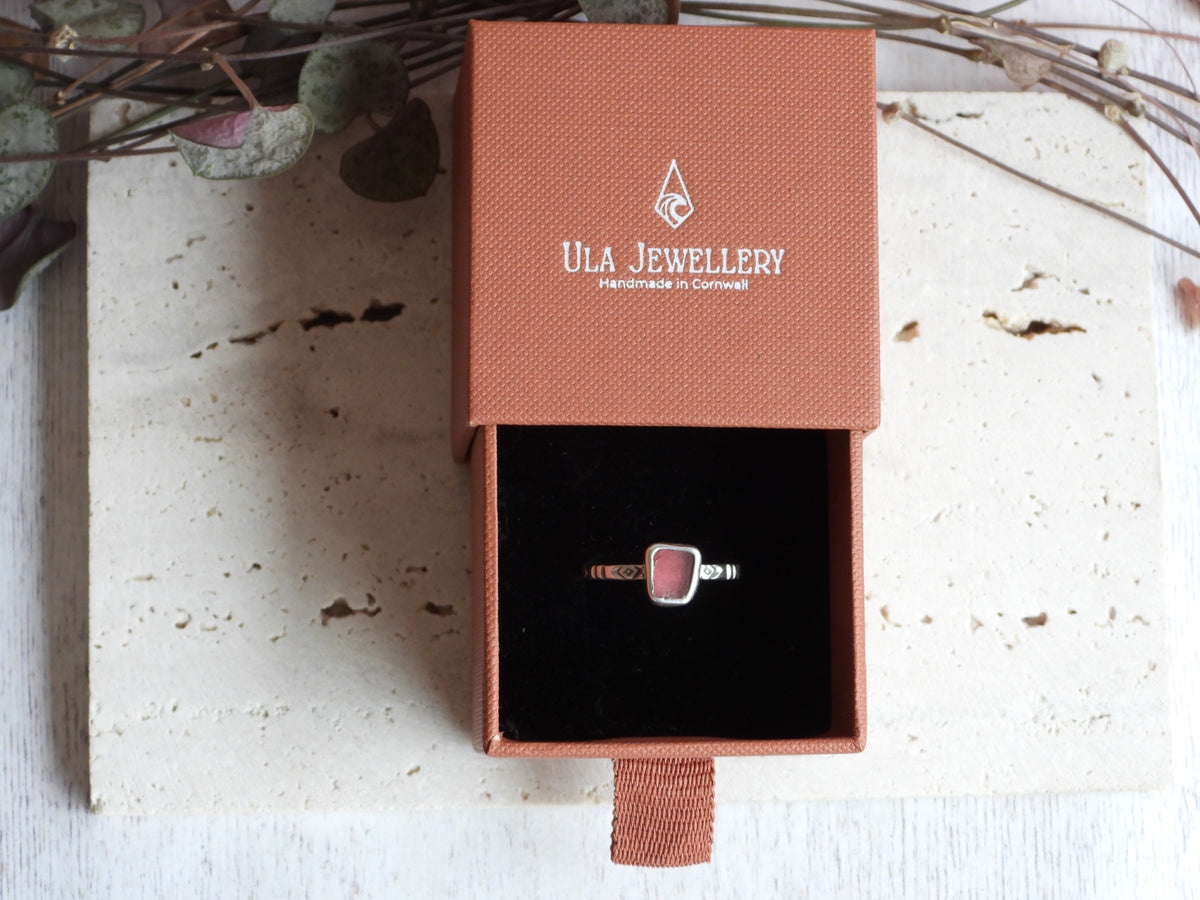 Pink Cornish Sea Glass Ring | Handstamped Boho Sterling Silver | Handmade in Cornwall | O 1/2