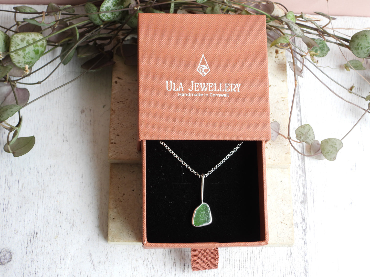 Dainty Cornish Green Sea Glass Necklace | Handmade Sterling Silver 925 | Coverack Cove
