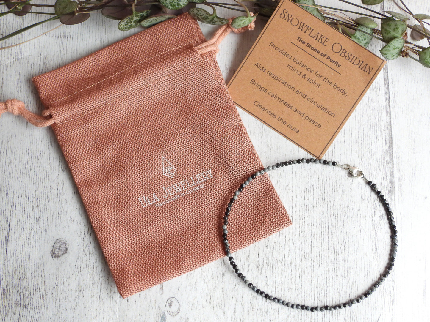 Dainty Snowflake Obsidian "Purity" Gemstone Anklet | Round Beads