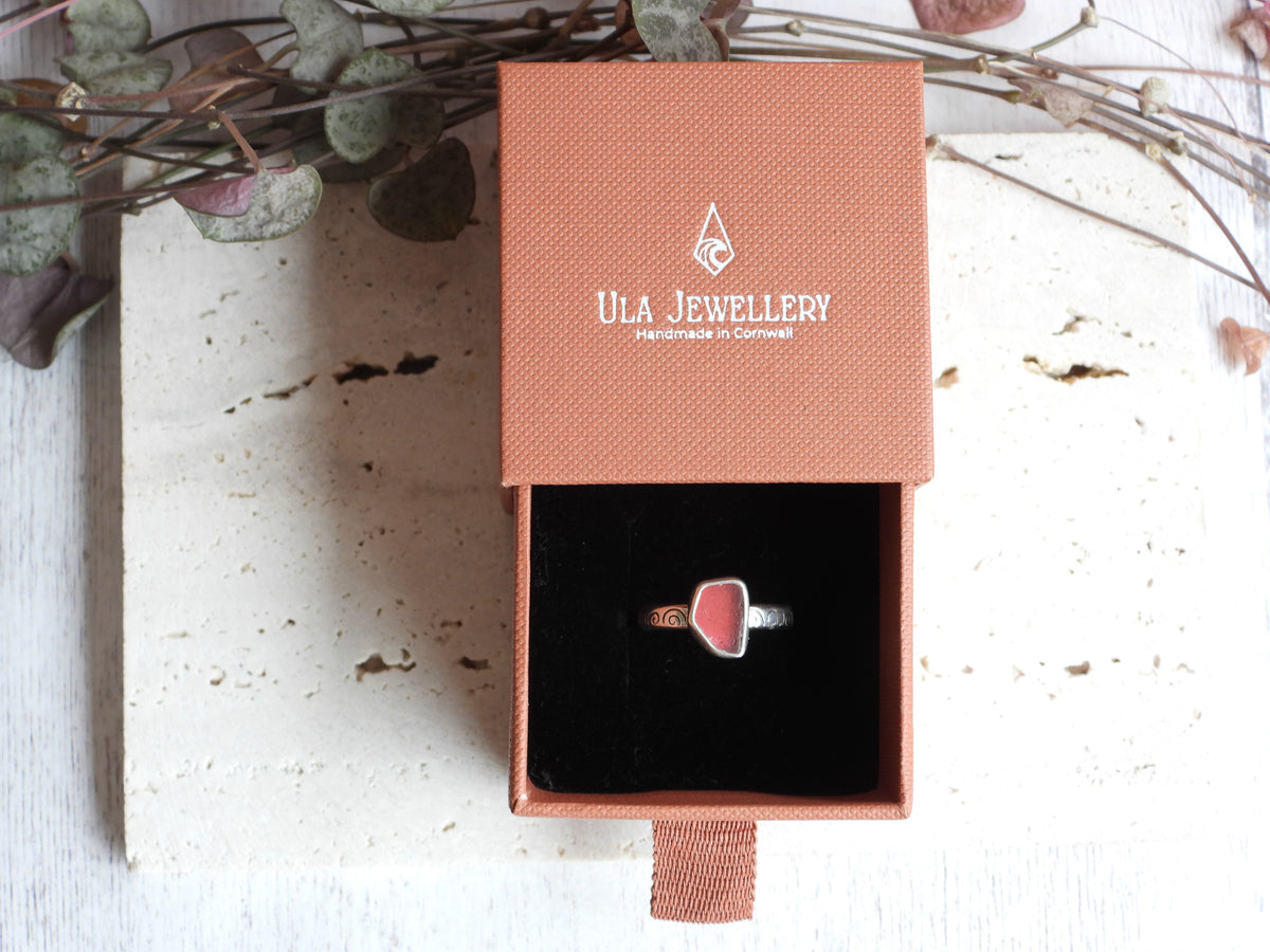 Ula Jewellery handmade pink seaglass ring with recycled silver in bohemian style