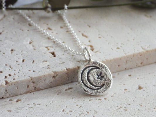rustic textured finish moon and star charm necklace