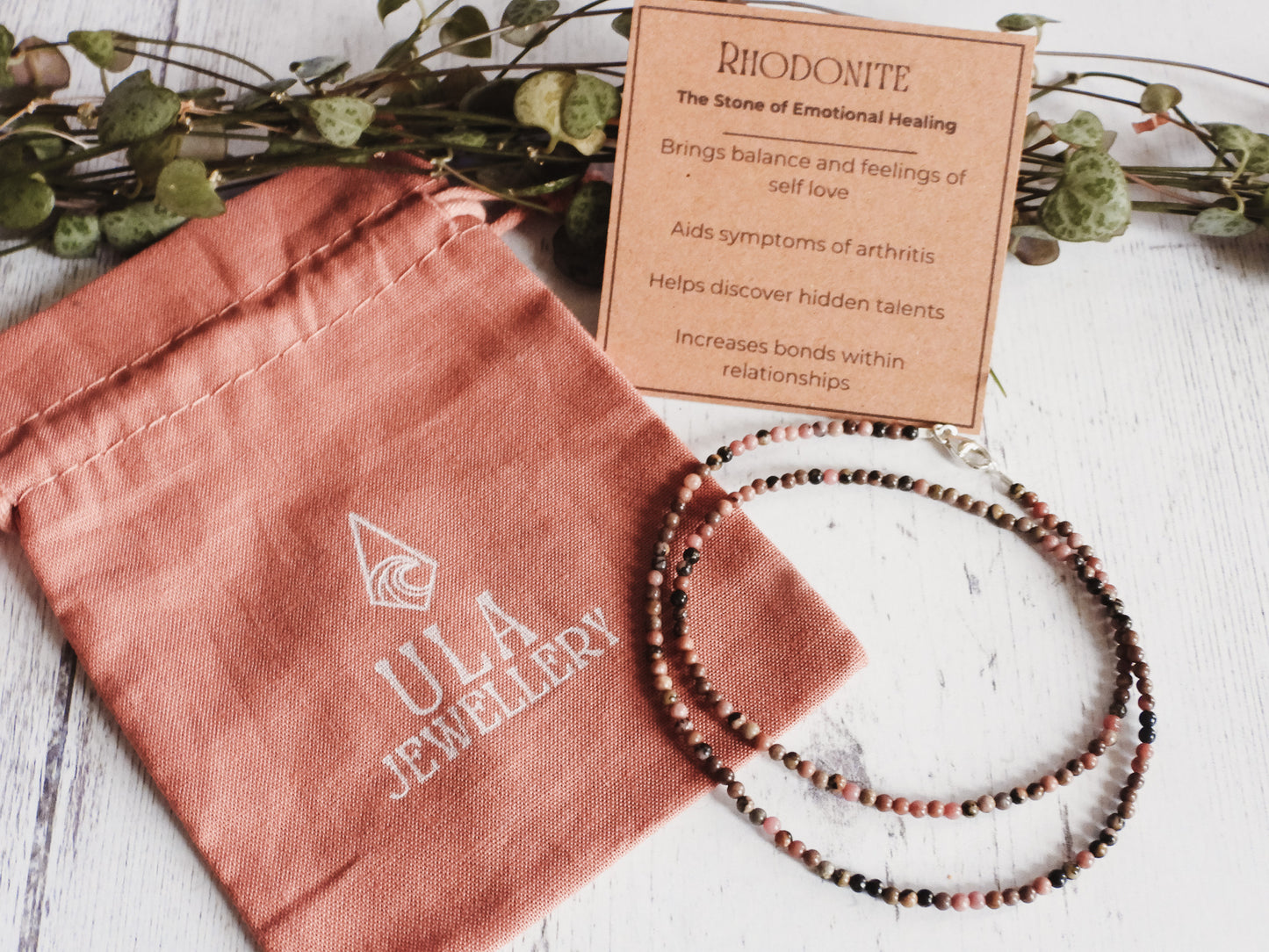 Dainty Rhodonite "Compassion" Gemstone Necklace | Round Beads