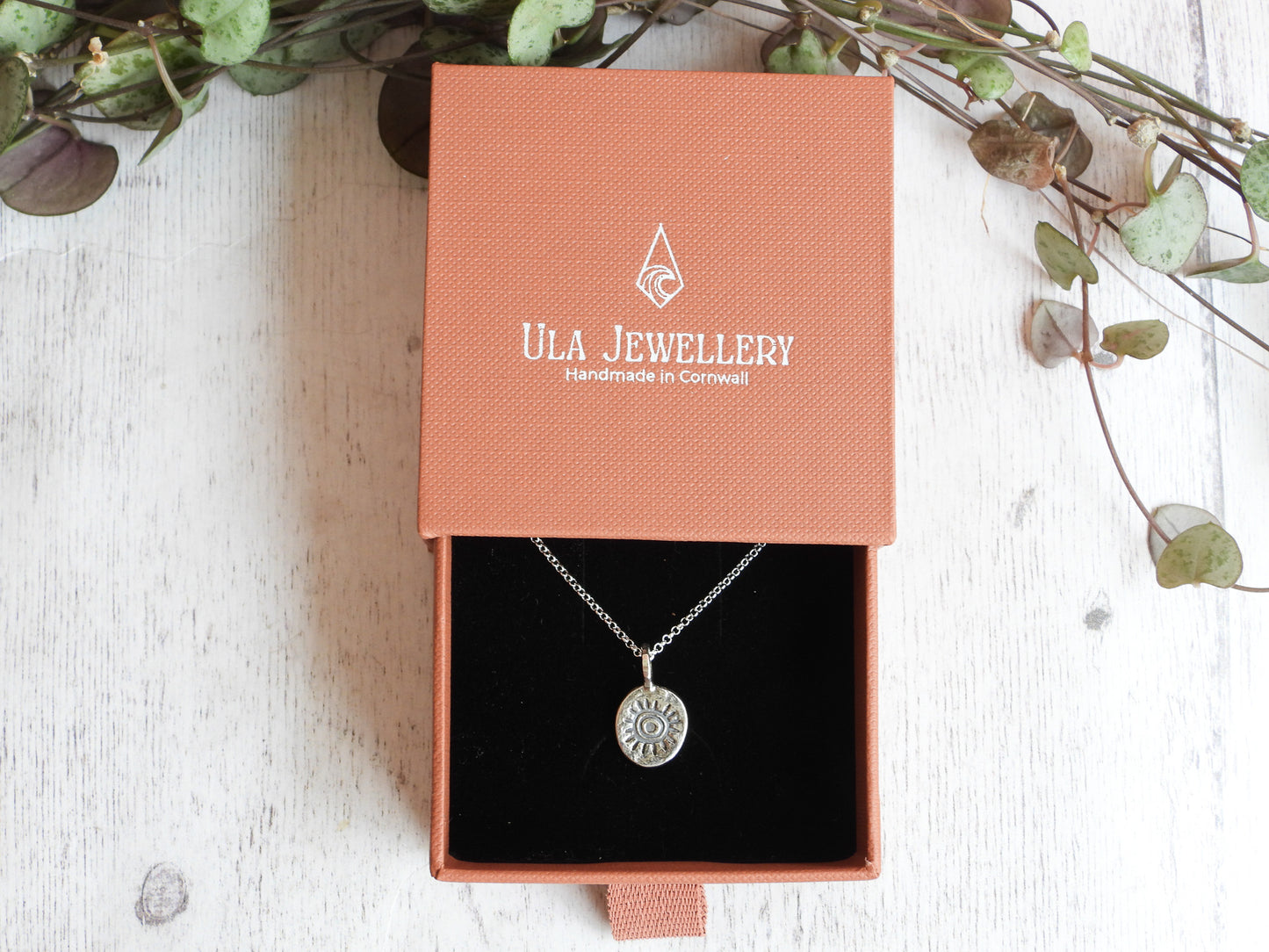 Ula Jewellery dainty rustic sun talisman necklace in 925 silver