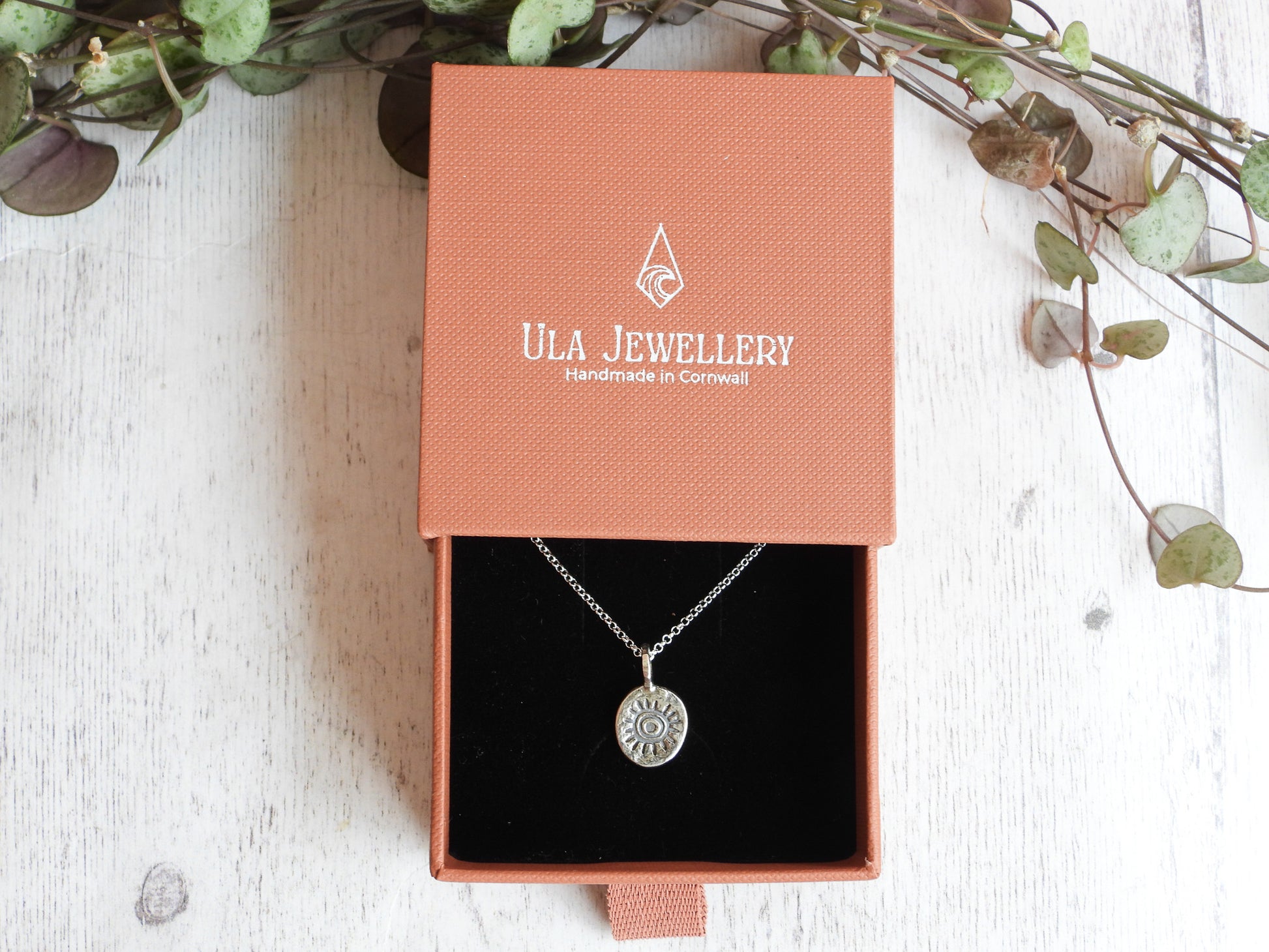 Ula Jewellery dainty rustic sun talisman necklace in 925 silver