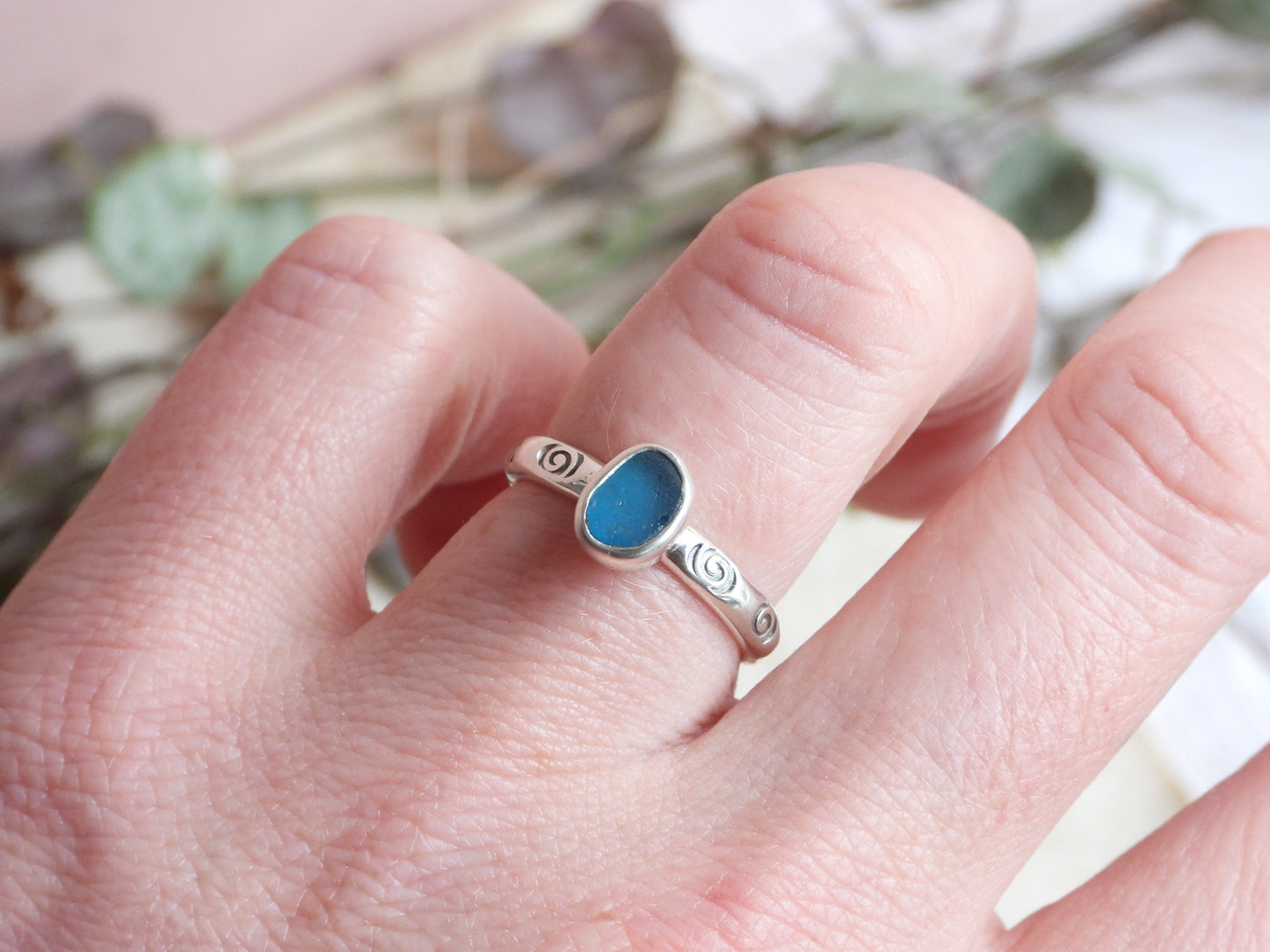 blue seaglass ring handmade by Ula Jewellery Cornwall, 925 silver