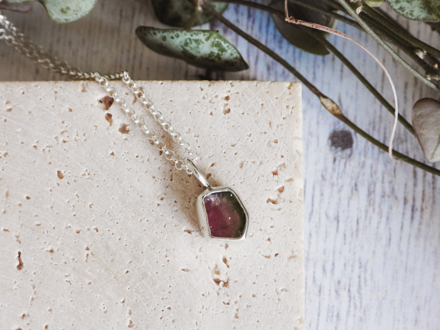 Super Dainty Watermelon Tourmaline Charm Necklace | October Birthstone