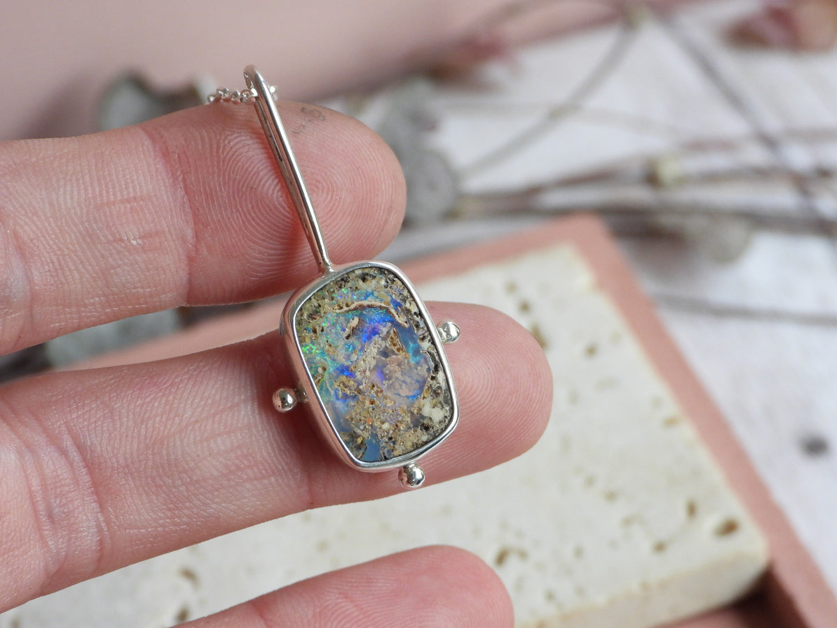 Unique Australian boulder opal necklace made with recycled sterling silver 925
