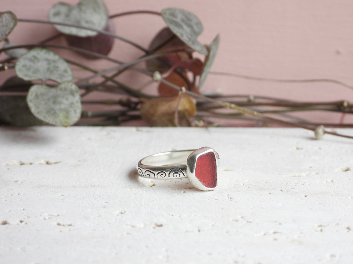 unique cornish seaglass ring with rare pink coloured glass