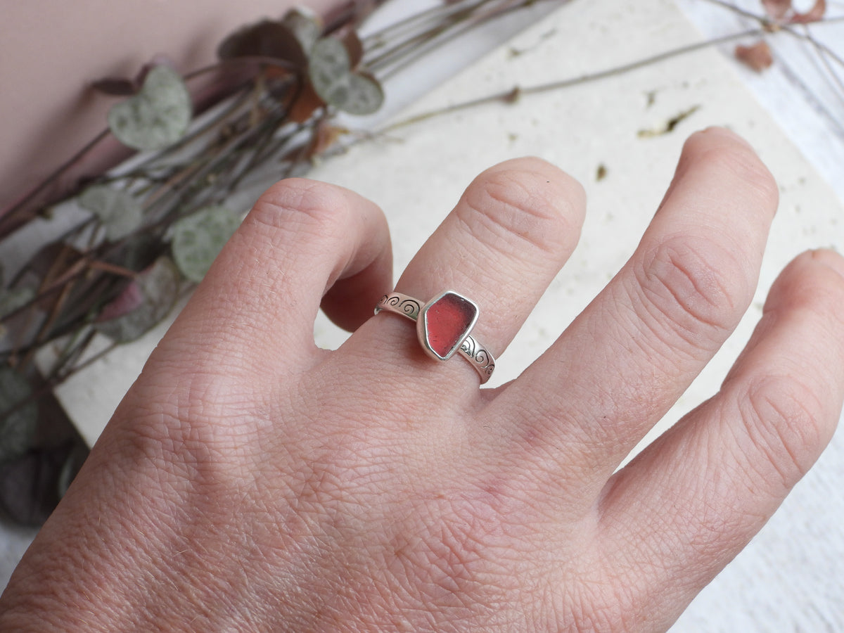 Rare Pink Cornish Seaglass Swirl Ring | Size N | Handmade in Cornwall
