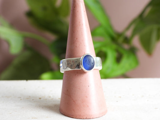 Chunky Dark Blue Seaglass Ring | Recycled Silver 925 | Portreath Beach | Size N/O