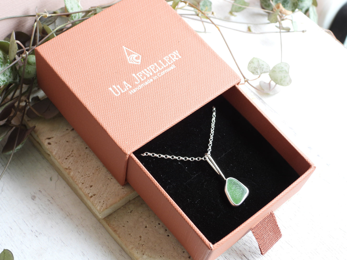 Dainty Cornish Green Sea Glass Necklace | Handmade Sterling Silver 925 | Coverack Cove