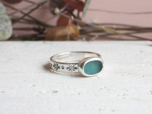 Teal Cornish Sea Glass Ring | Star Stamped Boho Sterling Silver Ring | Handmade in Cornwall